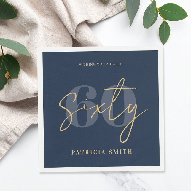 Modern Navy Elegant 60th Birthday Napkin (Creator Uploaded)
