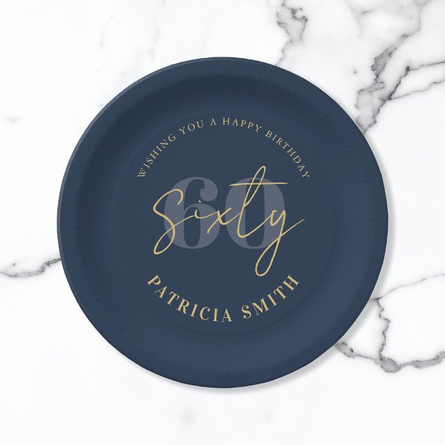 Modern Navy Elegant 60th Birthday Paper Plate (Creator Uploaded)