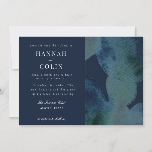 Modern Navy Emerald Abstract Watercolor Invitation (Front)
