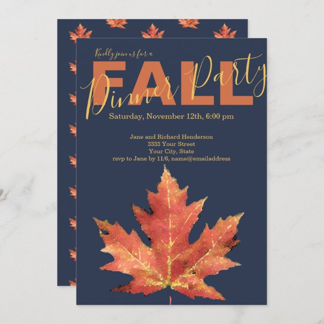 Modern Navy Fall Dinner Party Invitation (Front/Back)