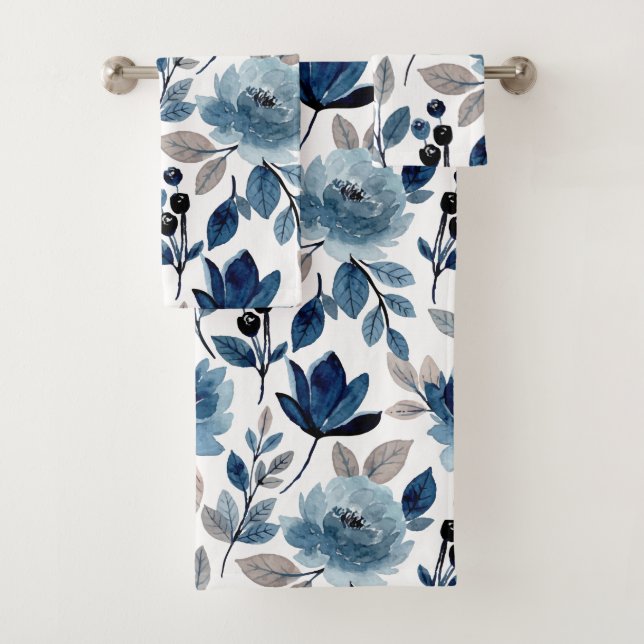 Modern Navy Floral Botanical Watercolor Bath Towel Set (Insitu)