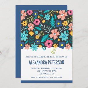 Modern Navy Floral Pattern 82nd birthday Invitation