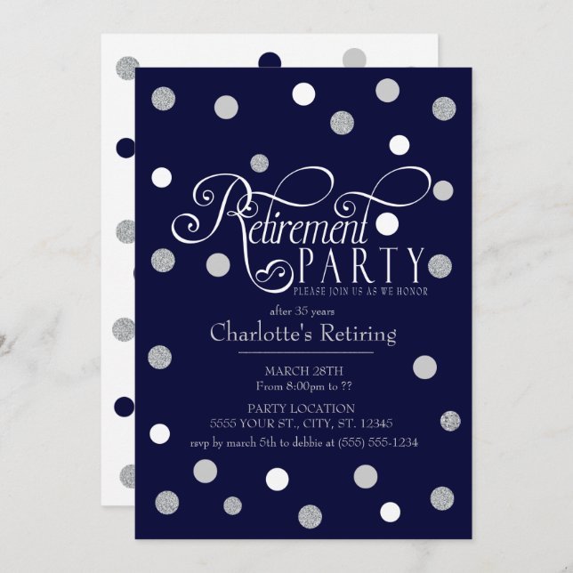 Modern, Navy Glitter Retirement Party Invitations (Front/Back)