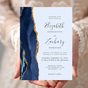 Modern Navy Gold Agate Light Blue Wedding Invitation
