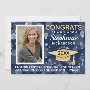 Modern Navy Gold Bokeh Bubbles Photo Graduation Invitation