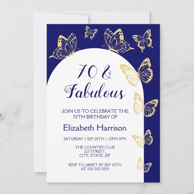 Modern Navy Gold Butterflies Fabulous Birthday Invitation (Front)