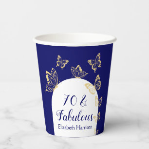 Modern Navy Gold Butterflies Fabulous Birthday Paper Cups