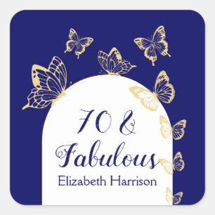 Modern Navy Gold Butterflies Fabulous Birthday Square Sticker