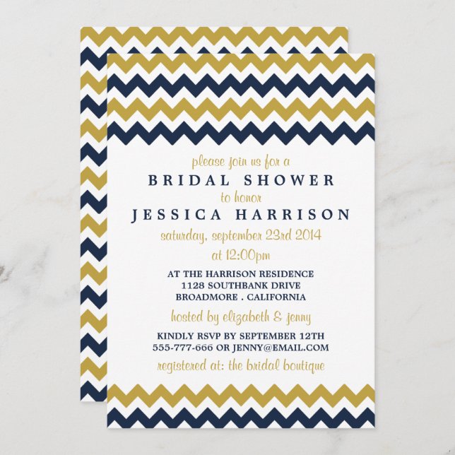 Modern Navy & Gold Chevron Bridal Shower Invitation (Front/Back)