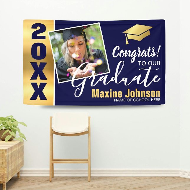 Modern Navy & Gold Class of 2025 Photo Graduation Banner (Creator Uploaded)