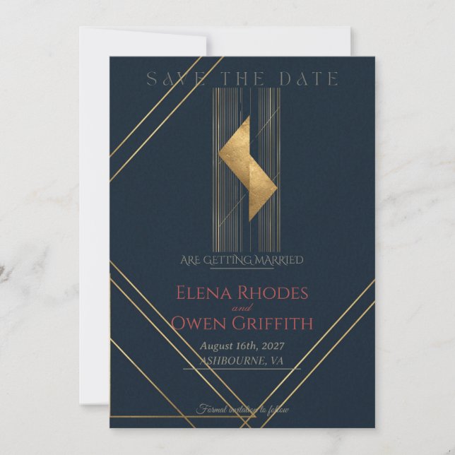 Modern Navy Gold Geometric Art Deco Save the Date (Front)