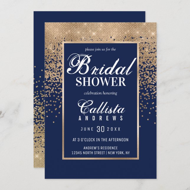 Modern Navy Gold Glitter Confetti Bridal Shower Invitation (Front/Back)