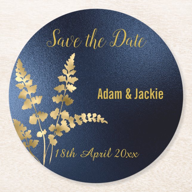 MODERN NAVY GOLD GOLD LEAF SAVE THE DATE COASTER (Front)