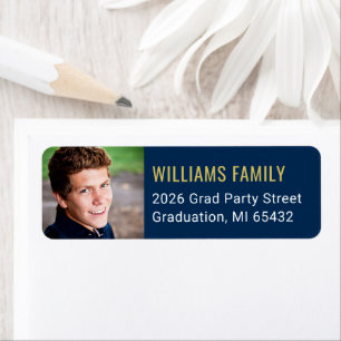 Modern Navy Gold Graduation Photo Return Address