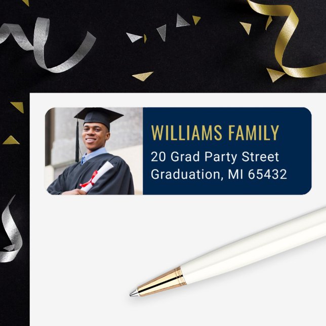 Modern Navy Gold Graduation Photo Return Address (Creator Uploaded)
