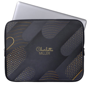 Modern Navy-Gold Halftone Pattern and Custom Name Laptop Sleeve