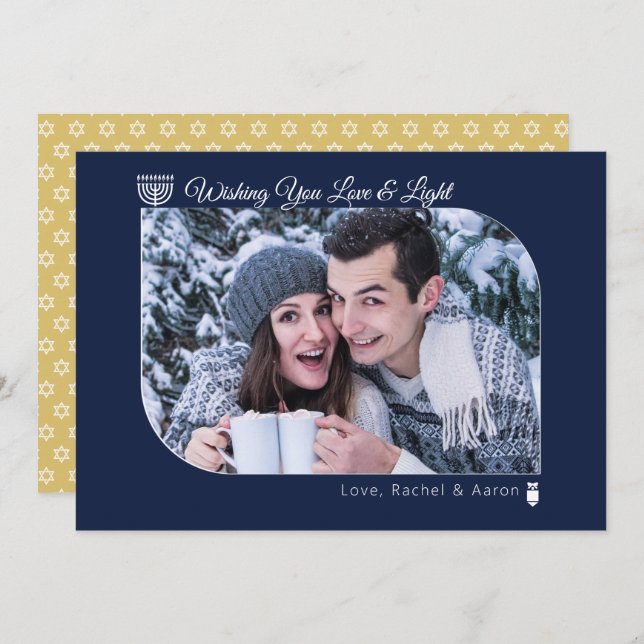 Modern Navy & Gold Love & Light Hanukkah Photo Hol Holiday Card (Front/Back)