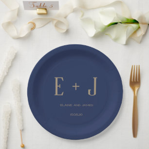 Modern Navy Gold Name Monogram Wedding Party Paper Plate