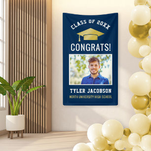 Modern Navy Gold Photo Graduation Party Banner