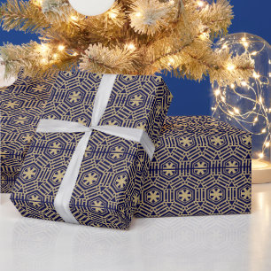 Modern navy gold snowflake retro vintage pattern wrapping paper