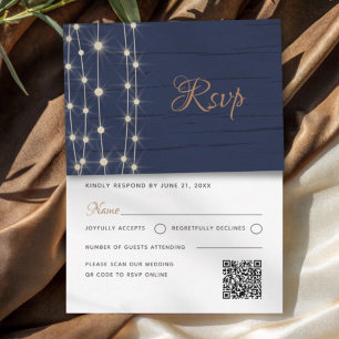 Modern Navy & Gold String Lights Wedding RSVP Card