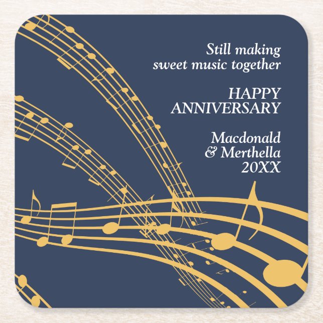 Modern Navy Gold SWEET MUSIC Happy Anniversary Square Paper Coaster (Front)