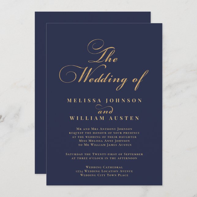 Modern Navy Gold Typography Wedding Invitation (Front/Back)