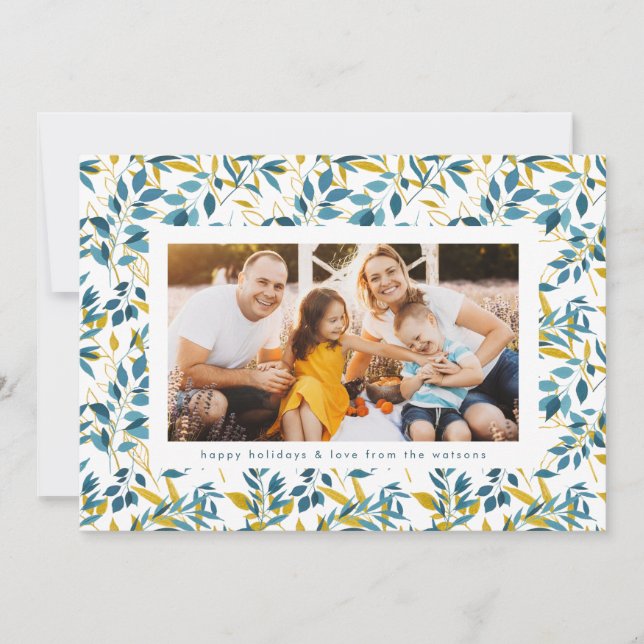 Modern Navy Gold Watercolor Photo Christmas  Holiday Card (Front)