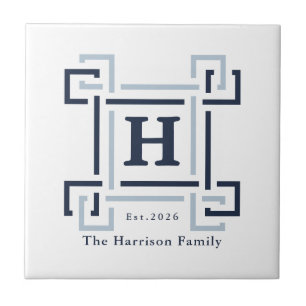 Modern Navy Greek Key Monogram Family Crest Tile