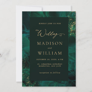 Modern Navy Green & Gold Foil Agate Invitation