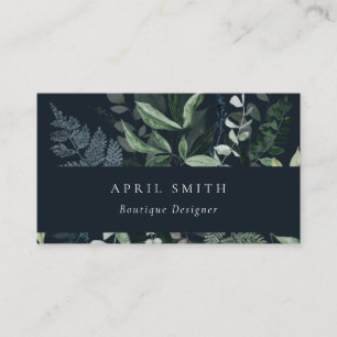Modern Navy Green Leafy Tropical Foliage Fern Business Card