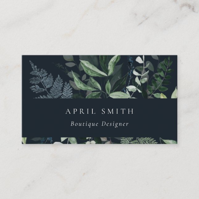 Modern Navy Green Leafy Tropical Foliage Fern Business Card (Front)