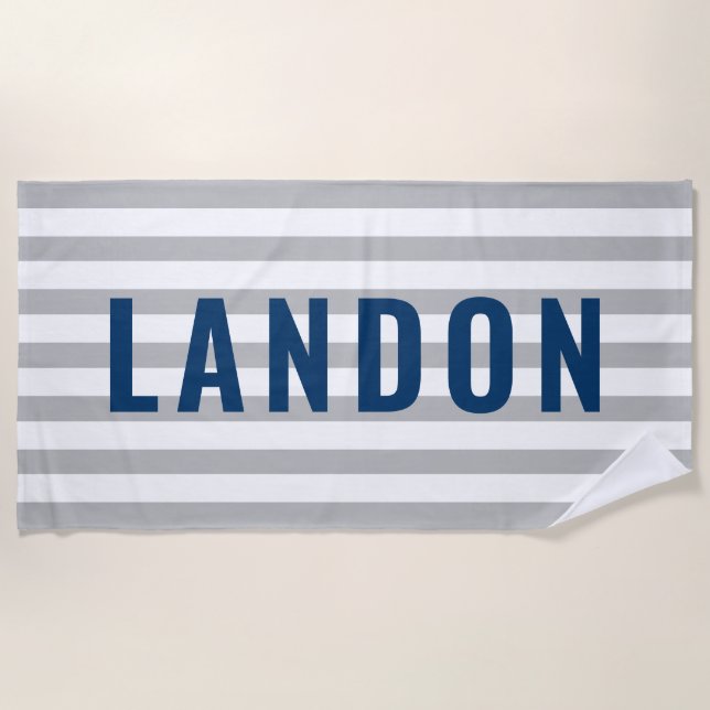 Modern Navy Grey Stripe Monogram Name Beach Towel (Front)