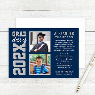 Modern Navy Grey Two Photos Graduation Party Invitation