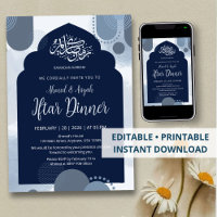 Modern Navy Iftar Invitation withGeometric Arch
