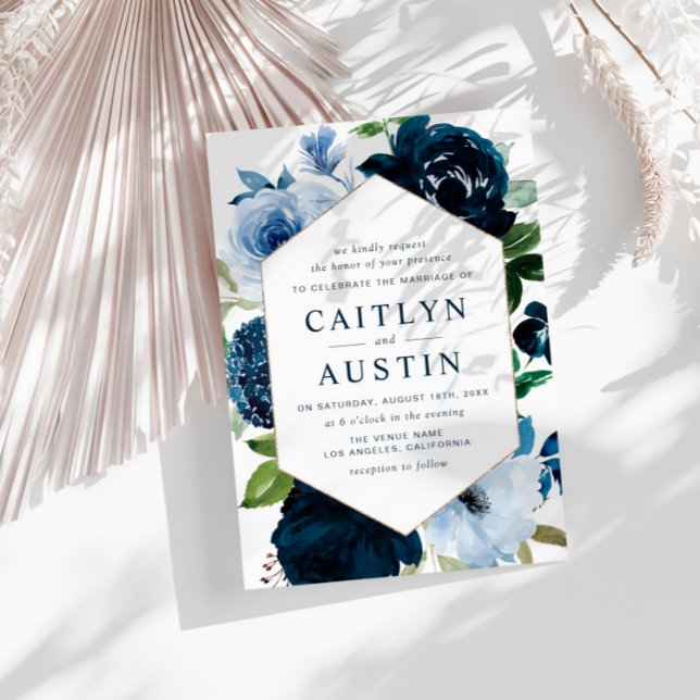 modern navy & light blue flowers wedding invitation (Creator Uploaded)