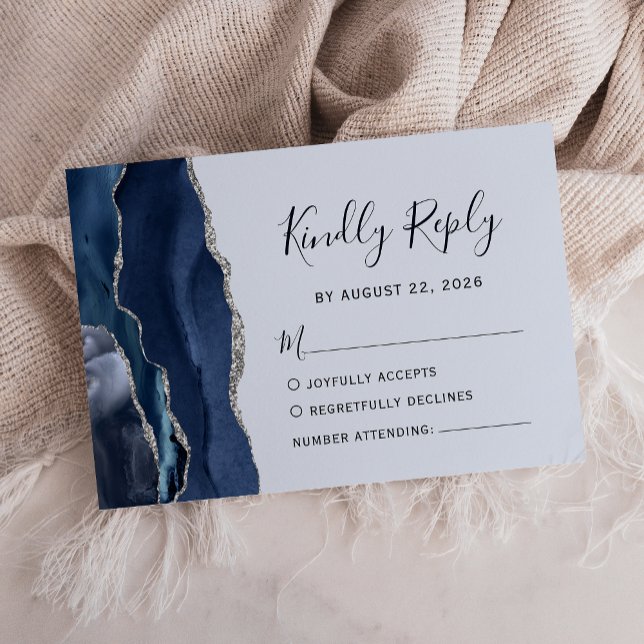 Modern Navy Light Blue Silver Agate Wedding RSVP Card (Creator Uploaded)