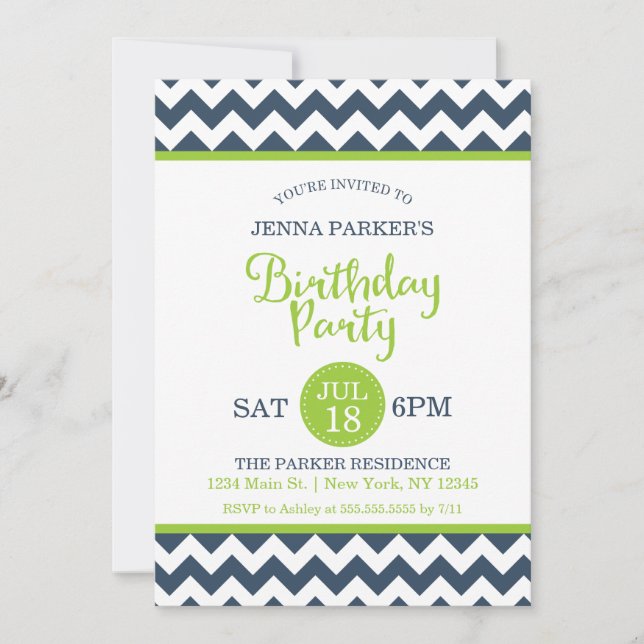 Modern Navy Lime Green Chevron Birthday Party Invitation (Front)