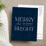 Modern Navy Merry and Bright Non-Photo Holiday Postcard<br><div class="desc">Modern holiday postcard featuring "Merry and Bright" displayed in white lettering and a navy background with subtle white dots (snow). Personalise the front of the non-photo holiday postcard with your family name and the year in white lettering. The postcard reverses to display your return address and personal message in navy...</div>