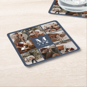 Modern Navy Monogram Initial Family Name & Photo Square Paper Coaster