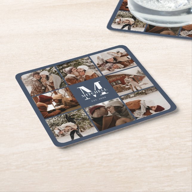 Modern Navy Monogram Initial Family Name &  Photo Square Paper Coaster (Angled)