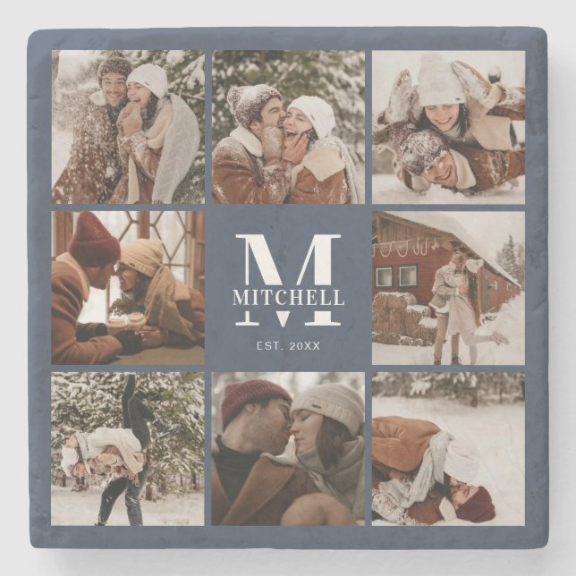 Modern Navy Monogram Initial Family Name &  Photo Stone Coaster (Front)