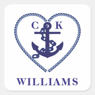Modern Navy Nautical Anchor Heart Wedding Monogram Square Sticker