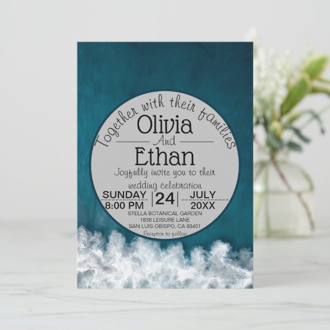 Modern navy nautical coastal Wedding Invitation (Standing Front)