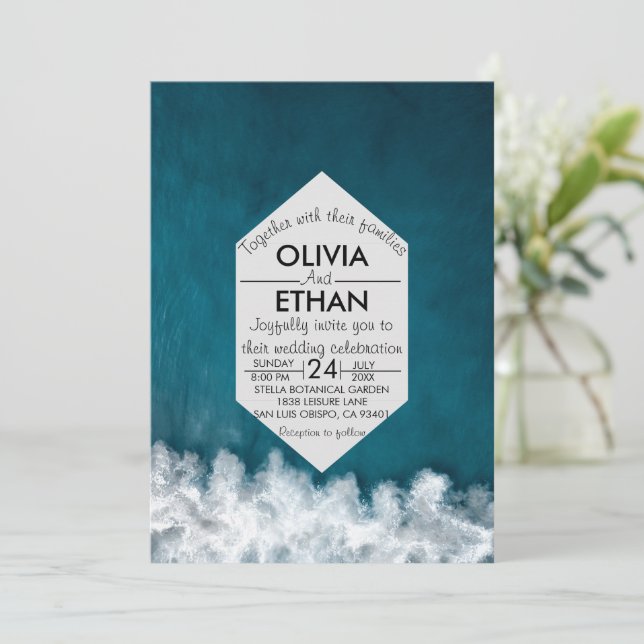 Modern navy nautical coastal Wedding Invitation (Standing Front)