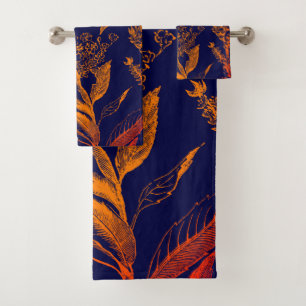 Modern Navy Orange Leaves Floral Bath Towel Set