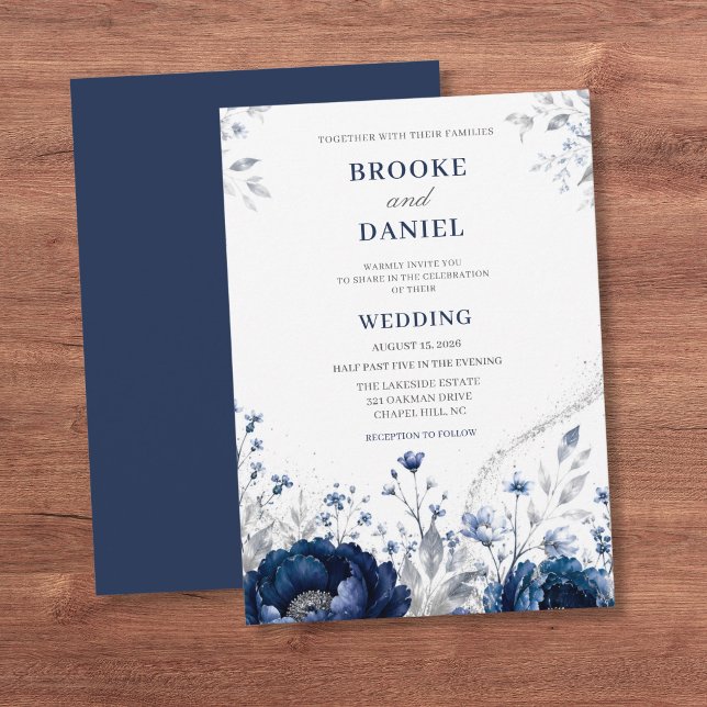 Modern Navy Peony Silver Glitter Dust Wedding Invitation (Creator Uploaded)