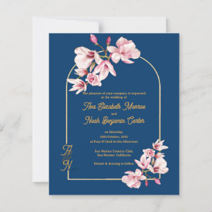 Modern Navy Photo Floral Wedding Invitation