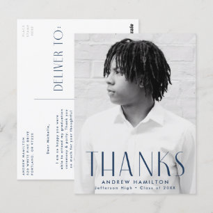 Modern Navy Photo Graduation Thank You Postcard