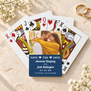 Modern Navy Photo Heart Save the Date Playing Cards